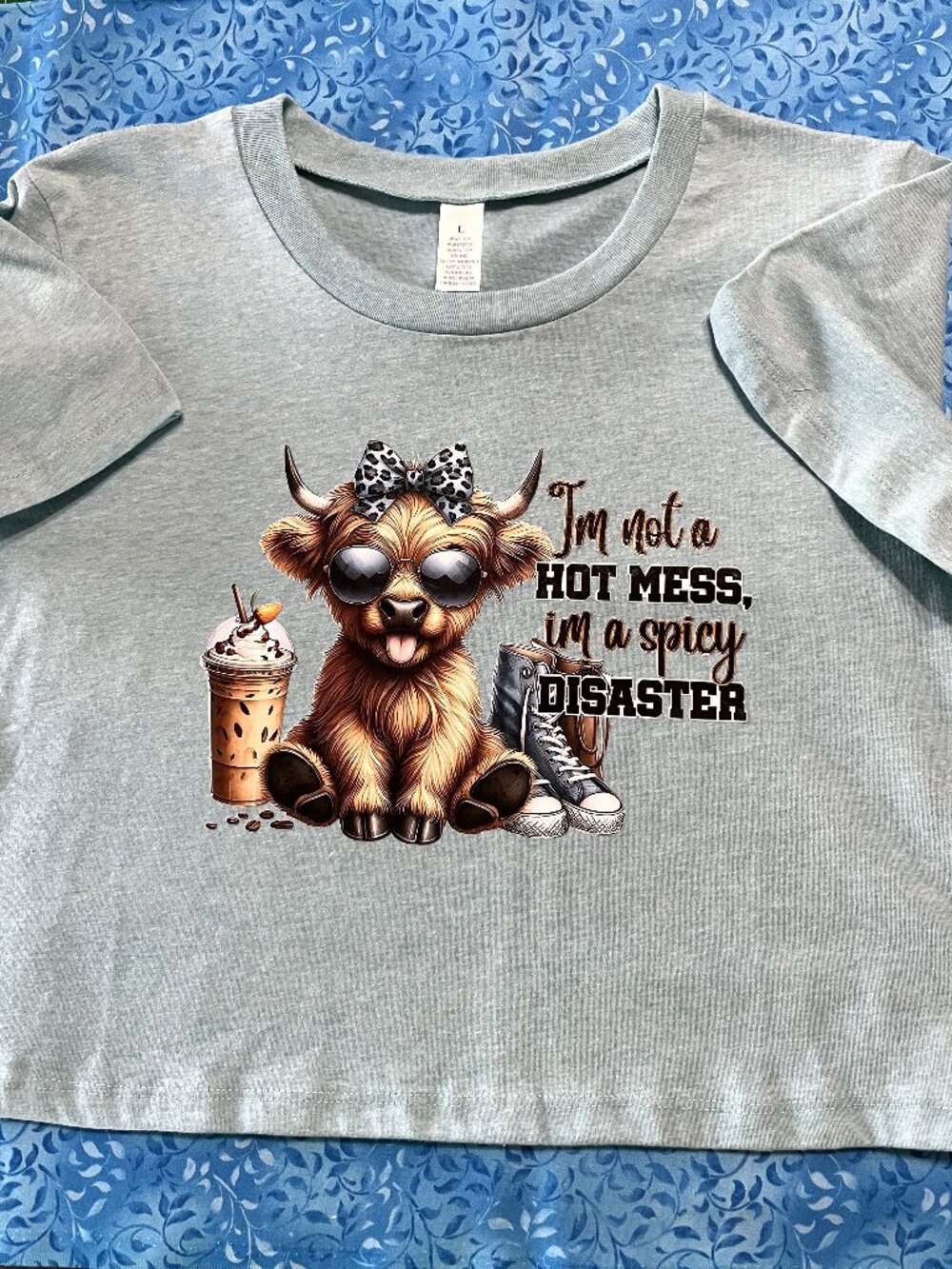 Crop Top T-shirt Misty Green Size Large I'm not a hot mess I'm a Spicy Disaster
